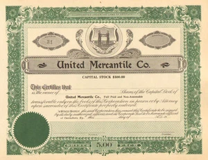 United Mercantile Co. 19__ Acciones certificado de acciones de Kentucky - Imagen 1 de 1