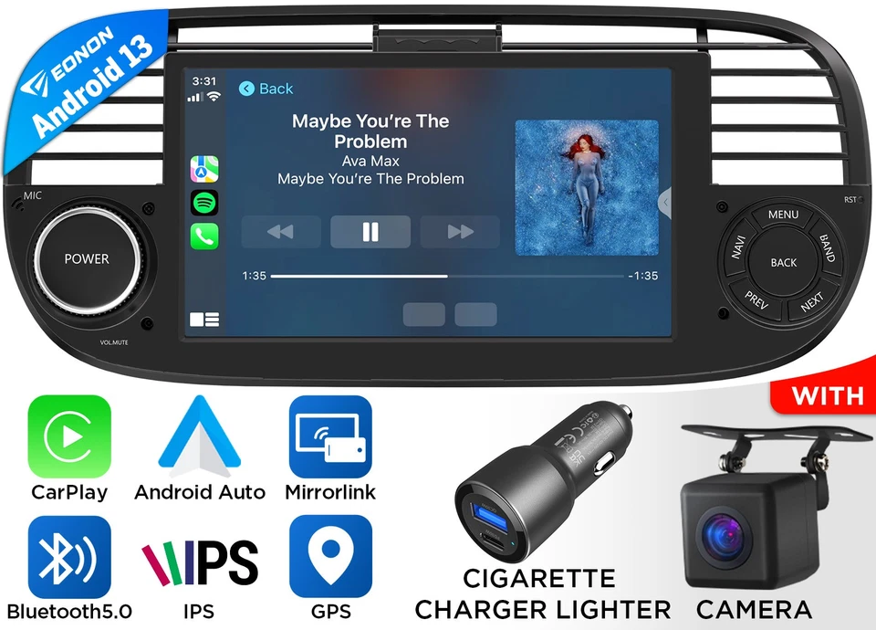 CAM+Android Auto 13 Autoradio Navi CarPlay Bluetooth WiFi für Fiat 500 2007-2015 - Bild 1 von 4
