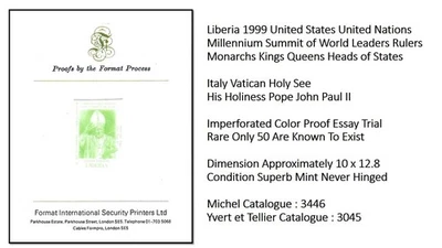 Liberia 1999 EE. UU. Cumbre de la ONU Italia Vaticano Santa Sede Papa Juan Pablo II Prueba MNH Foto 1 de 2