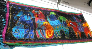 Retired Laurel Burch 100% Silk Scarf Colorful Dogs & Doggies Fringe 11" x 52" - Picture 1 of 2