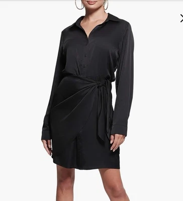 New! Guess Eco Alya Satin Wrap Shirt Dress Jet Black Size XL Extra Large NWT - Image 1 of 4