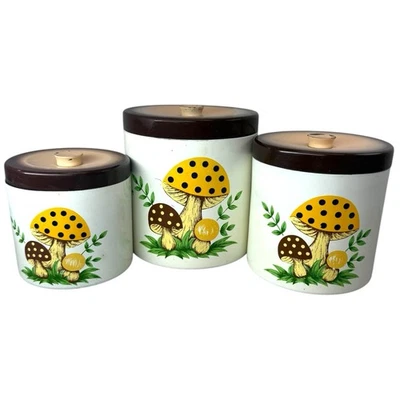 Vntg 1970's Sears Merry Mushroom Lacquer & Tin Nesting Canister Set of 3 Japan - Image 1 of 4
