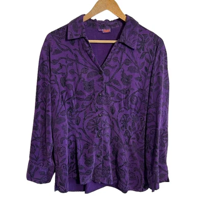 Tianello Button Up Top L Garment Dyed Purple Watercolor Floral Rayon USA - Image 1 of 4