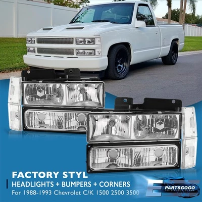 For 88-93 Chevy Silverado C/K 1500 2500 3500 Clear Headlights + Signal Lamp Set - Image 1 of 4
