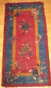 Chinese Art Deco throw Rug Antique Nichols? Asian ? Carpet Vintage 23x47 - Picture 1 of 3