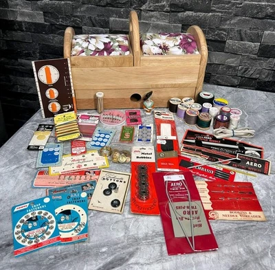 Vintage Sewing Chest Box with Contents Needles Thread Etc - Image 1 of 4