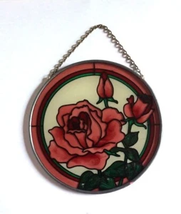 Handbemaltes Buntglas Sonnenfänger Blume rot rosa Rosen 4 1/2 - Bild 1 von 7