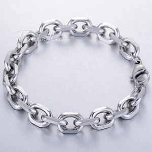 10mm 7inch MENS Womens Chain Silver Tone Cut Cable Link Stainless Steel Bracelet - Picture 1 of 3