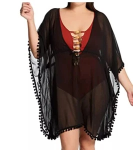 Bleu Rod Beattie Gypset Chiffon Caftan Cover Up Sheer Pom Fringe Black L - Picture 1 of 4