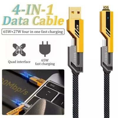 4-in-1 USB Fast Charging Cable Dual Type C PD 27W 65W Charger Data Cord for iOS - Image 1 of 4