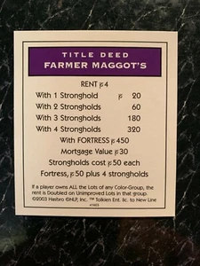 Monopoly LORD OF THE RINGS Trilogy Edition Farmer Maggots TITLE DEED CARD 2003 - Picture 1 of 2