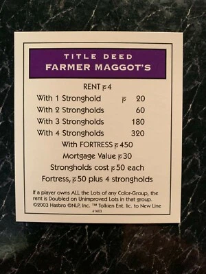 Monopoly  LORD OF THE RINGS  Trilogy Edition Farmer Maggots TITLE DEED CARD 2003 - Image 1 of 2