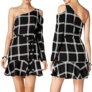 79 $ BAR III One-Shoulder-Kleid schwarz kariert S ALine Gürtel fallende Taille ein Ärmel - Bild 1 von 8