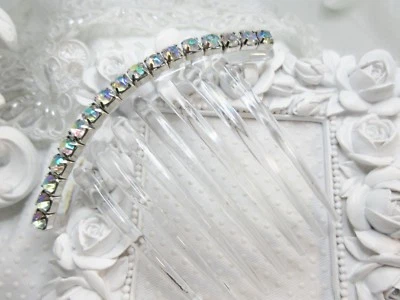 Hand Made 6 mm Aurora Borealis color changing Rhinestone Clear French Hair comb  - Image 1 of 4