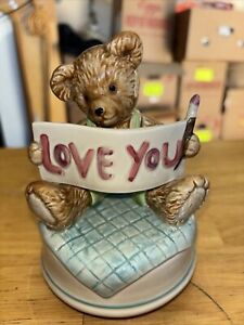 Figurine boîte à musique Teddy Bear LOVE YOU interrupteur marche/arrêt céramique vintage Japon