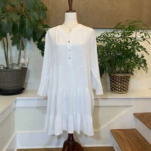 Kaktus White Dress Size Medium 100% Cotton Gauze Tiered Flare Bell Sleeve NWT - Picture 1 of 10