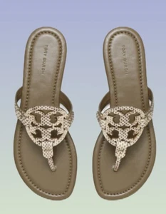 TORY BURCH MILLER THONG SANDAL STAMPED SNAKE LEATHER SMOKE ROCCIA/MUSHROOM Sz.8M - Picture 1 of 14