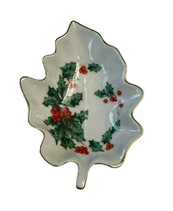 Lefton Christmas Dish Leaf Shape 10413 Geo Lefton Vintage Candy Trinkets Nuts - Picture 1 of 9