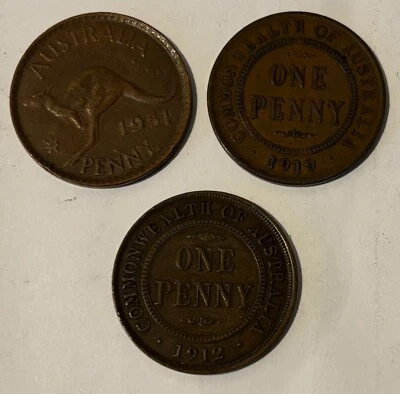 1912, 1919, & 1951 Australia  Penny Coin Collection 3 coins Lot 405 - Image 1 of 2
