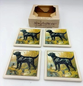 Vntg Absorba Stone Black Labrador Retriever Hunting Dog Ducks Set 4 Coasters USA - Picture 1 of 10