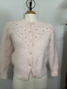 Vintage Sz M? Pink Angora Fuzzy Alpha Fashion Beaded/Pearls Cropped Cardigan - Picture 1 of 17