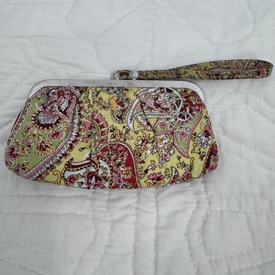 Vera Bradley Wristlet Clutch Womens Green Pink Paisley Silk Framed Kiss Lock Vtg - Image 1 of 4