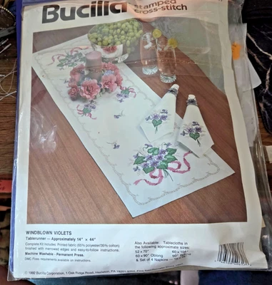 Bucilla Stamped Cross Stitch #40617 WINDBLOWN VIOLETS Tablerunner Fabric  Thread - Image 1 of 2