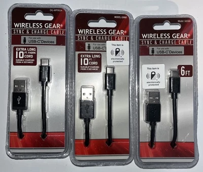 3x Wireless Gear Sync & Charge Cable Type USB-C Devices 10 Feet & 6 Feet - Image 1 of 2