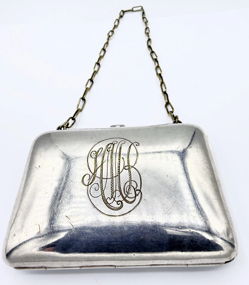 Antique Silver Plate Necessary Purse w/ Mirror & Celluloid Notepad Monogrammed - Image 1 of 4