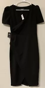 Express Formal V-Neck Puff Sleeve Faux Wrap Sheath Midi Dress Womens Size SMALL - Picture 1 of 9