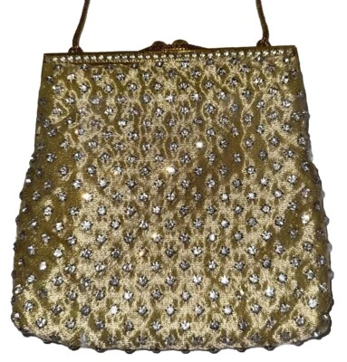 Bolso de noche dorado incrustado con diamantes de imitación/cristal adornado ArtDeco de colección/Hong Kong Foto 1 de 4