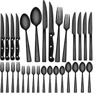 24 Piece Black Silverware Set for 4, Stainless Steel with Steak Knives - Picture 1 of 12