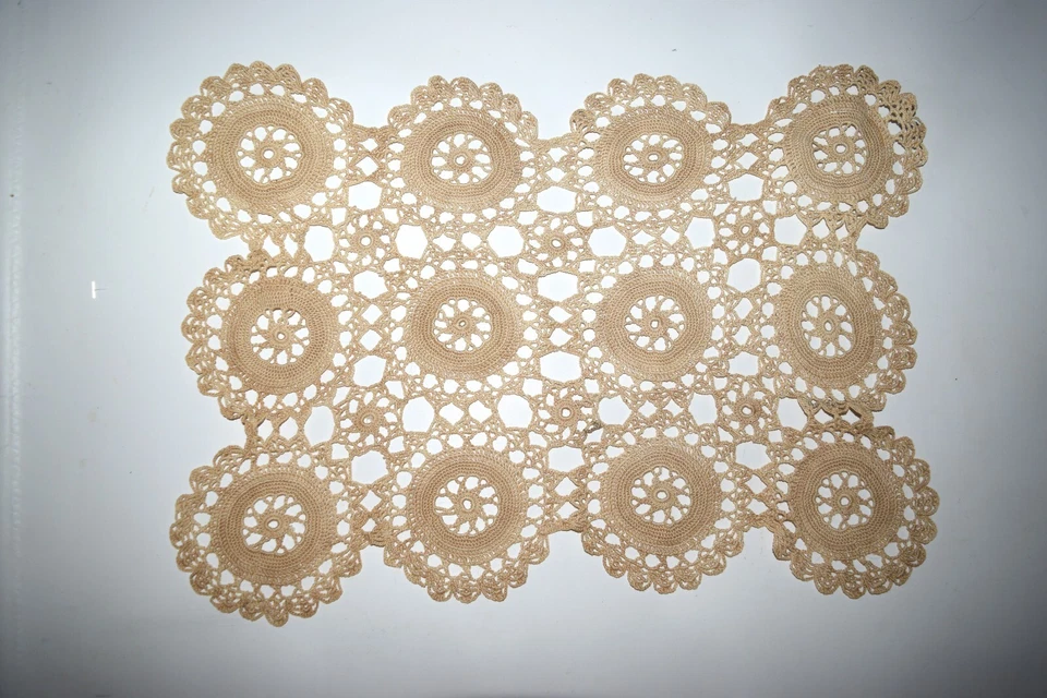 Vintage 50s handmade  crochet lace table / tray mat beige doily 12" x 17" - Image 1 of 1