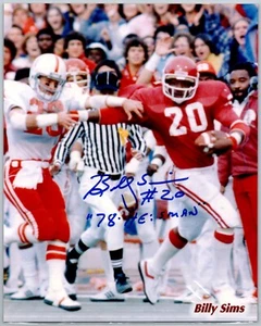 BILLY SIMS Signed 8x10 Photo-Oklahoma Sooners inscription "#20 1978 Heisman" 405 - Picture 1 of 2