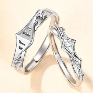 2pcs/set 925 Silver Square Crown Zircon Promise Ring Couple Adjustable Jewelry - Picture 1 of 6