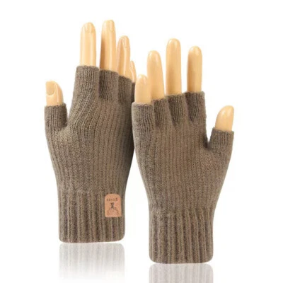Womens Men Fingerless Gloves Solid Color Half Finger Knitted Mittens Soft Warmer - Image 1 of 4