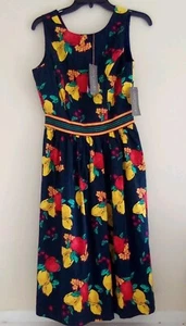Eva Mendes Blue Floral Dress NY & Co Tropical Fruit Dress Blue Lemon Dress Sz 4 - Picture 1 of 6