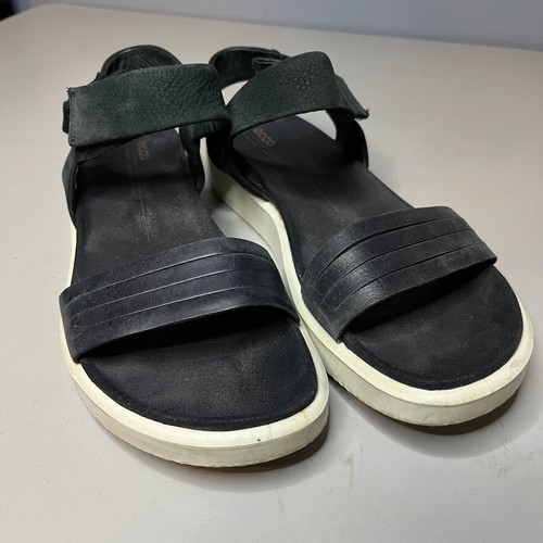Sandali donna Ecco taglia 9 flowt zeppa con cinturino nero pelle bianco plateau