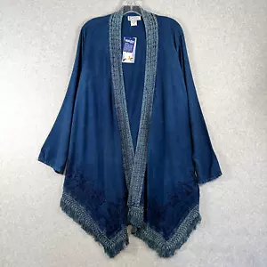 Just Cruising Womens Top Free Size Cover Up Jacket Duster Blue Fringe NWT - Picture 1 of 15