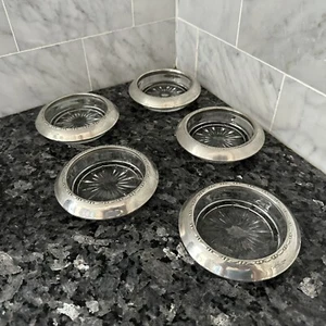 Amston 144 Sterling Silver Rim Glass Coasters Starburst Pattern Set Of 5 - Picture 1 of 8