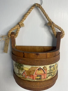 Basketville Vintage 1/2 Wood Basket Farm Scene Rope Handle Signed Harlene - Picture 1 of 13
