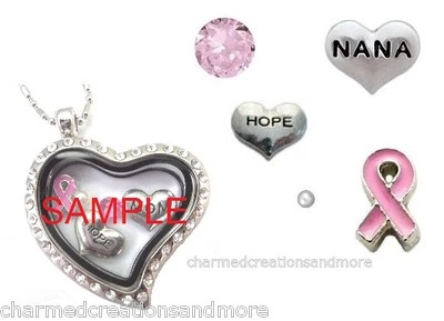 Collar medallón corazón con dije flotante conciencia cáncer de mama cinta rosa Nana Foto 1 de 2