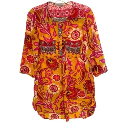 Figueroa & Flower 复古波西米亚上衣女式中号黄色粉红色佩斯利 70 年代灵感 — 第 1/4 张图片