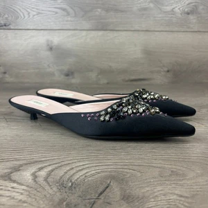 VTG Prada Black Satin Canvas Mules Women's 37.5 Embellished Gem Kitten Heel - Picture 1 of 16