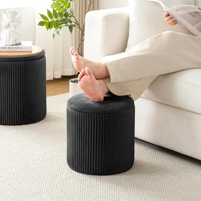 Set of 2 Ottoman Velvet Foot Stool with Storage round Upholstered Sponge Vanity - Image 1 of 4