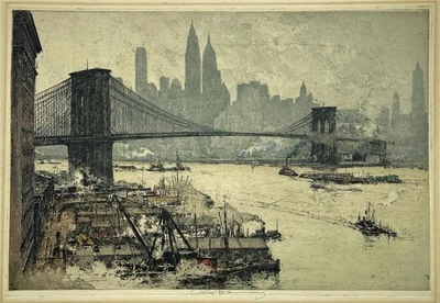 Luigi Kasimir (1881-1962) Bleistift signiert Radierung Brooklyn Bridge New York USA - Bild 1 von 4