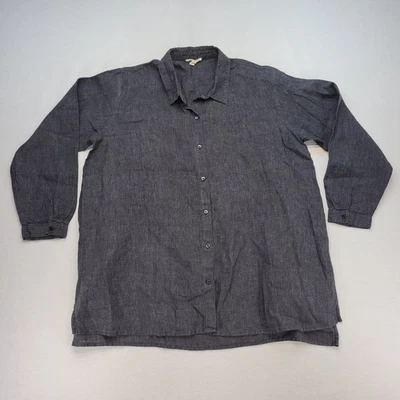 Camisa Eileen Fisher Mujer XL Azul Gris 100% Lino Orgánica Abotonada Manga Larga Foto 1 de 4