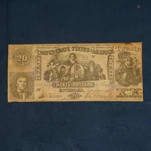 1861 Confederate States of America $20 Note CIVIL WAR Era- Free Shipping USA - Picture 1 of 6