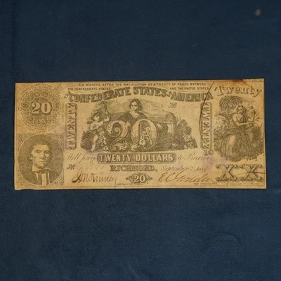 1861 Confederate States of America $20 Note CIVIL WAR Era- Free Shipping USA - Image 1 of 4