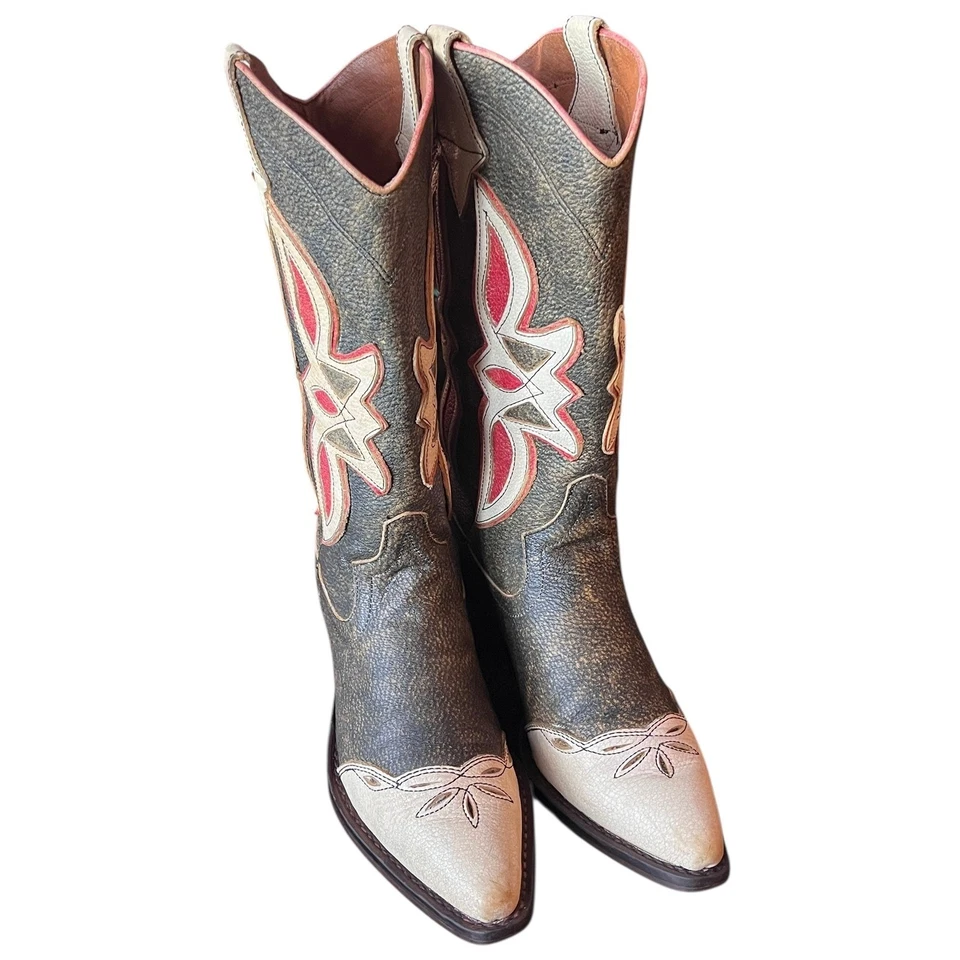 De Colección Botas de Vaquero Nine West Western Bordadas Marrón Tostado Crema Rojo Cuero Talla 8 Foto 1 de 4